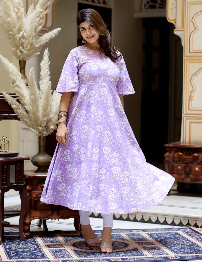 Miravan Floral Printed Lavender Anarkali Kurta for Women - Image 3